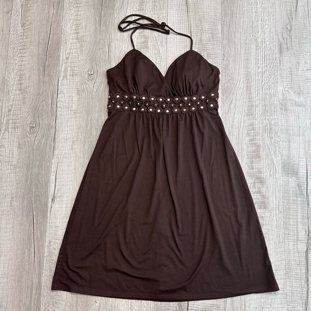 My Michele Halter Dress WMNS L Brown Studded Empire Waist Neutral Y2K Boho